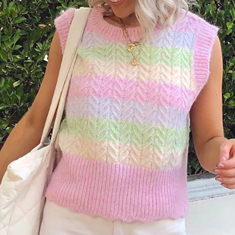 New Korean Style 2020 Autumn Winter Knitwear Tops Rainbow-colored Striped Sleeveless O-neck Knit Vest Soft Casual Sweet Clothing
New Korean Style 2020 Autumn Winter Knitwear Tops Rainbow-colored Striped Sleeveless O-neck Knit Vest Soft Casual Sweet Clothing