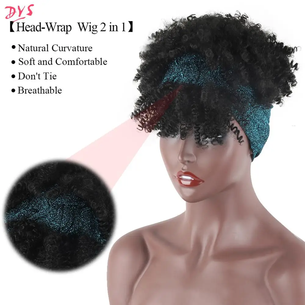 Deyngs Synthetic Wig Short Kinky Curly Turban Wrap-wig 2 in 1 Afro Puff Hairband Bun with Bangs Drawstring Headwrap With | Шиньоны и