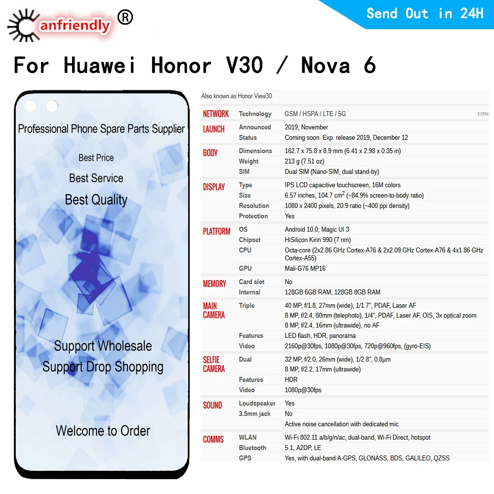 For Huawei Nova 6 for Honor V30 LCD Display Touch panel Screen Digitizer Module with frame Assembly for Honor View 30 / V30
For Huawei Nova 6 for Honor V30 LCD Display Touch panel Screen Digitizer Module with frame Assembly for Honor View 30 / V30