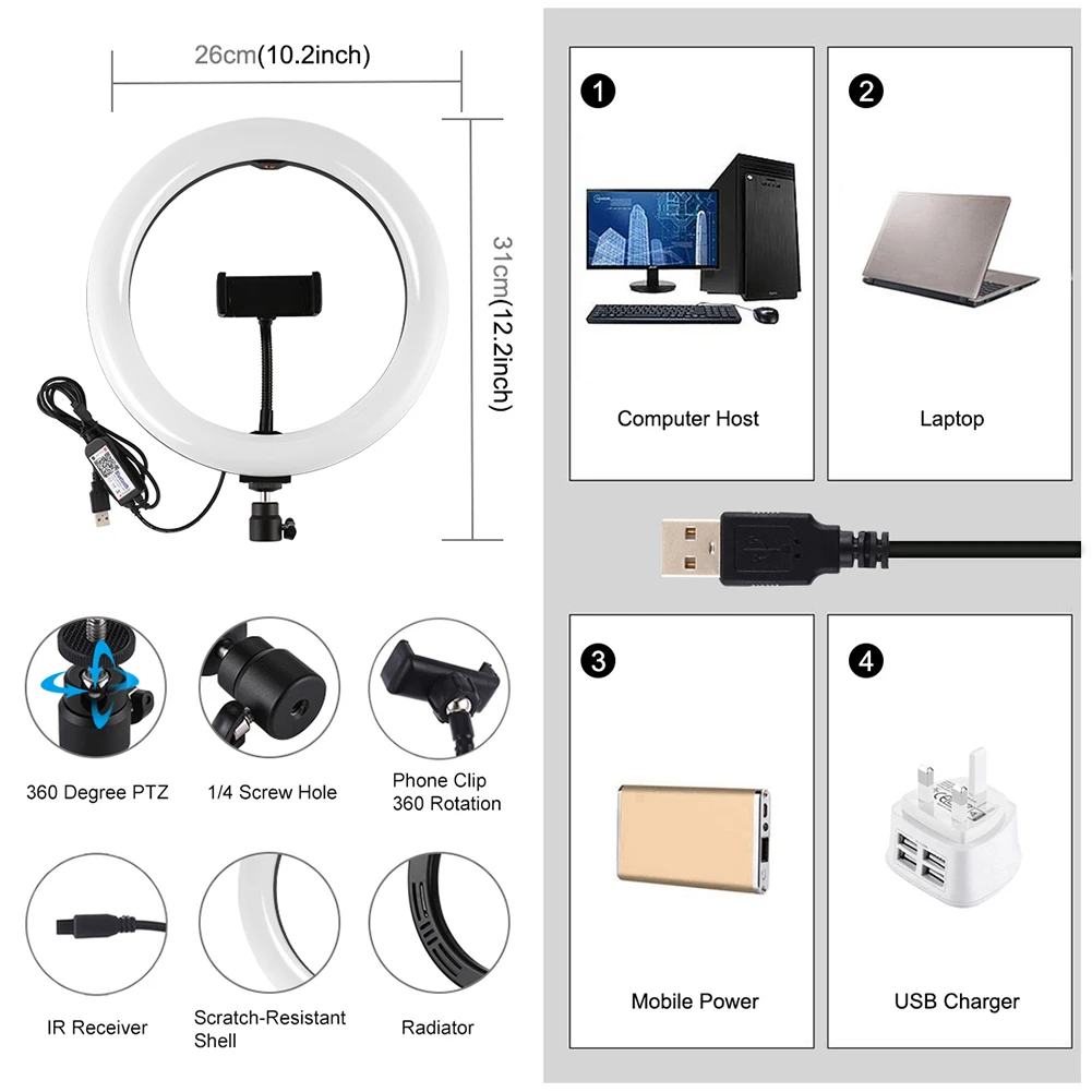 10.2 inch LED Selfie Stick Ring Fill Light 26cm Curved Surface USB RGBW Dimmable Vlogging Photography Lights with Remote Control
10.2 inch LED Selfie Stick Ring Fill Light 26cm Curved Surface USB RGBW Dimmable Vlogging Photography Lights with Remote Control