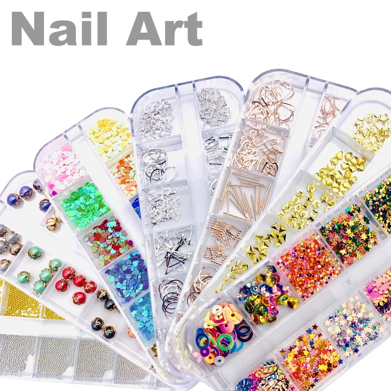 

12 Grid/Set Mixed Style Nail Art 3D Colorful Love Heart Nail Sequins Jelly dri Gold Metal Rivet Studs pearl Manicure Nails Art