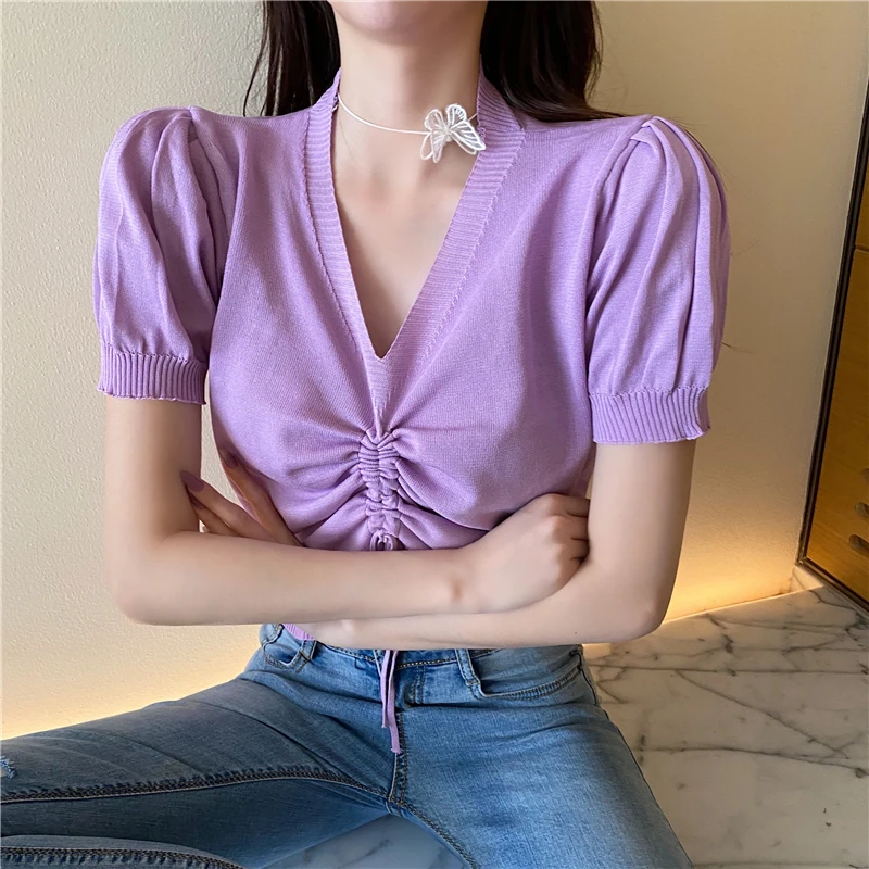 Drawstring Knitwear Short Ice Silk V-neck Top 2020 New Summer Pullover Puff Sleeve Loose Outer Wear T-shirt for Women
Drawstring Knitwear Short Ice Silk V-neck Top 2020 New Summer Pullover Puff Sleeve Loose Outer Wear T-shirt for Women