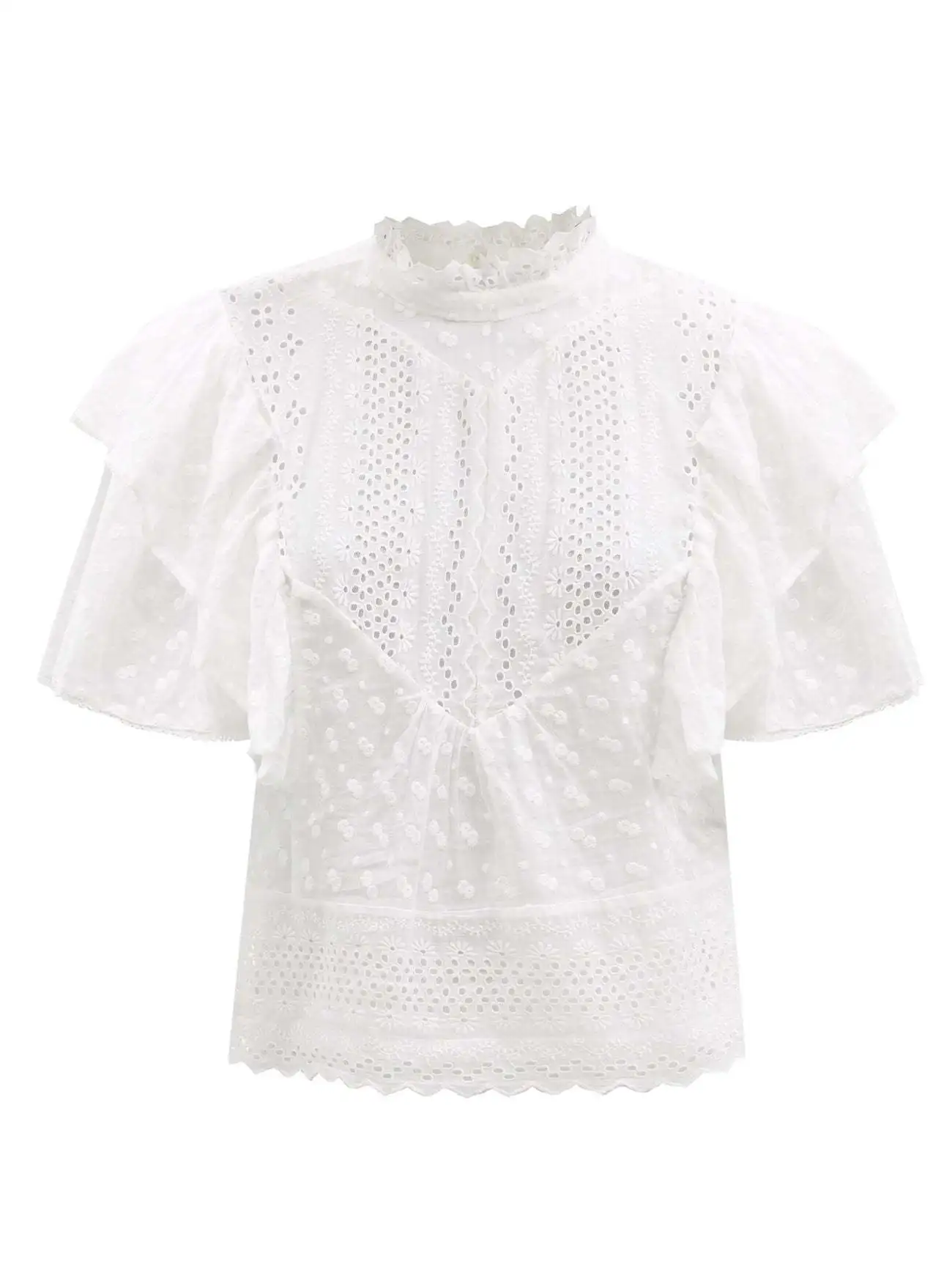 Women White Ruffled Blouse Stand Collar Hollow Out 2021 Spring Summer Embroideried Flying Sleeve Sweet Shirt and Tops
Women White Ruffled Blouse Stand Collar Hollow Out 2021 Spring Summer Embroideried Flying Sleeve Sweet Shirt and Tops