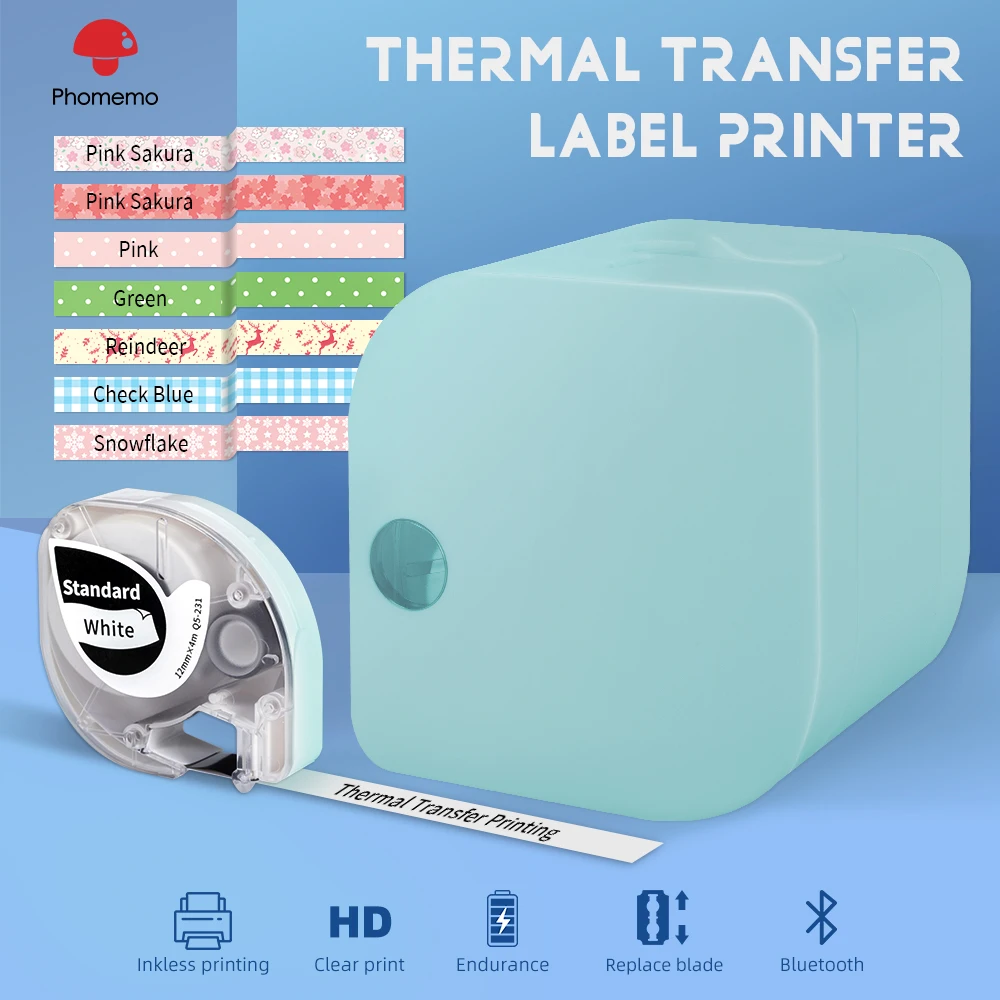 

Phomemo P12 Thermal Transfer Printing Label Maker Machine for Labeling Home & Office with 1 Roll 0.47" White Label Tape Refill