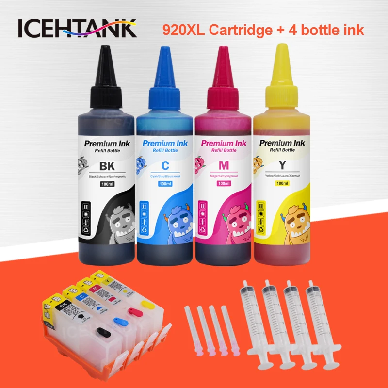 

ICEHTANK 4 X 100ml Bottle Refill Dye Ink + 920XL Refill Ink Cartridge For HP 920 Officejet 7000 6500 6500A 7500 7500A Cartridges