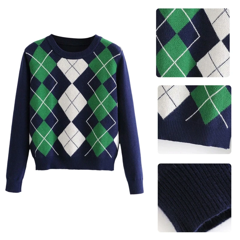 Women Preppy Style Long Sleeve O-Neck Sweater Argyle Plaid Knitted Jumper Tops D08E
Women Preppy Style Long Sleeve O-Neck Sweater Argyle Plaid Knitted Jumper Tops D08E