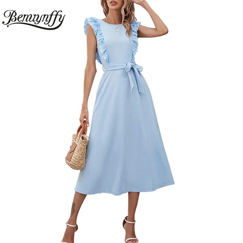 Benuynffy Crew Neck Solid Ruffle Trim Belted A-Line Dresses Women Elegant Cut Out Back Sleeveless High Waist Summer Long Dress
Benuynffy Crew Neck Solid Ruffle Trim Belted A-Line Dresses Women Elegant Cut Out Back Sleeveless High Waist Summer Long Dress