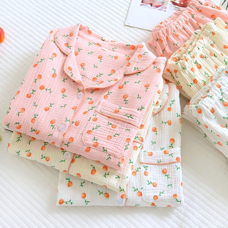 Spring And Summer Women's Pajamas set Ladies Long-sleeved Trousers 100% Cotton Crepe Cute Little Orange Floral Cardigan Homewear
Spring And Summer Women's Pajamas set Ladies Long-sleeved Trousers 100% Cotton Crepe Cute Little Orange Floral Cardigan Homewear