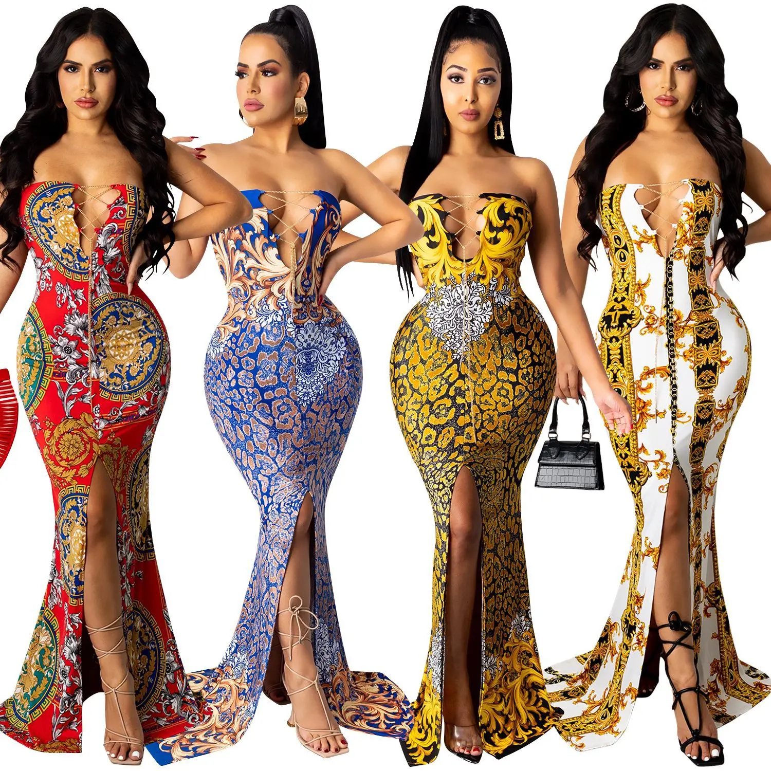 Summer print tube top floor dress Sexy sleeveless Naked back Lace Draw back Tight Split fork Long skirt Women's clothing
Summer print tube top floor dress Sexy sleeveless Naked back Lace Draw back Tight Split fork Long skirt Women's clothing