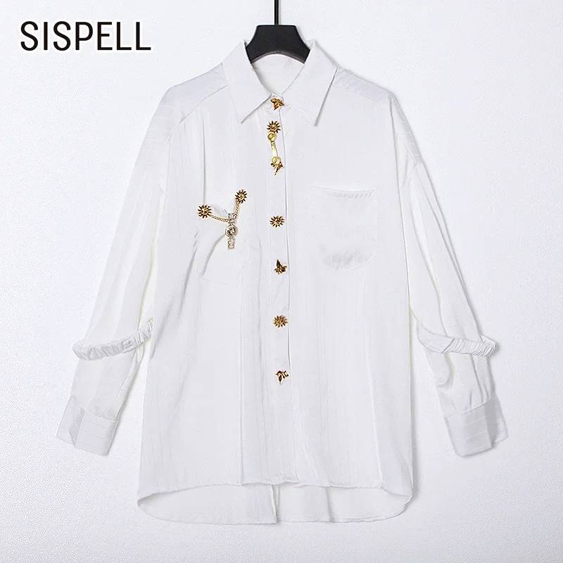 Женская рубашка с отложным воротником SISPELL, Повседневная Свободная рубашка с длинным рукавом и ремешком с принтом, в стиле пэчворк, с металл... 
Женская рубашка с отложным воротником SISPELL, Повседневная Свободная рубашка с длинным рукавом и ремешком с принтом, в стиле пэчворк, с металл...