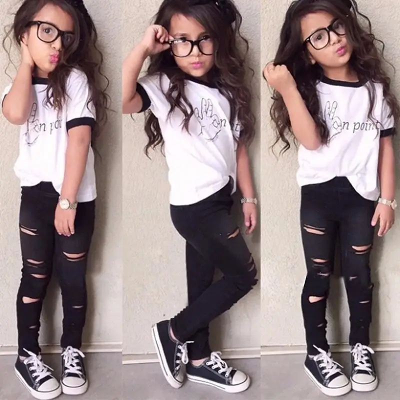 Summer Casual Kids Girls Clothing Set Short Sleeve Letter Print T-shirt Long Ripped Pants Suit
Summer Casual Kids Girls Clothing Set Short Sleeve Letter Print T-shirt Long Ripped Pants Suit