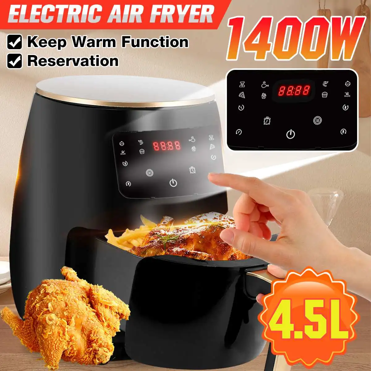 AUGIENB 1400W 4.5L Air Fryer Oil free Health Fryer Cooker Multifunction Smart Touch LCD Deep Airfryer French fries Pizza Fryer
AUGIENB 1400W 4.5L Air Fryer Oil free Health Fryer Cooker Multifunction Smart Touch LCD Deep Airfryer French fries Pizza Fryer