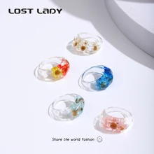 Lost Lady Fashion Transparent Chunky Epoxy Resin Rings Cute Multicolor Dried Flower Finger Rings for Women Party Jewelry Gifts