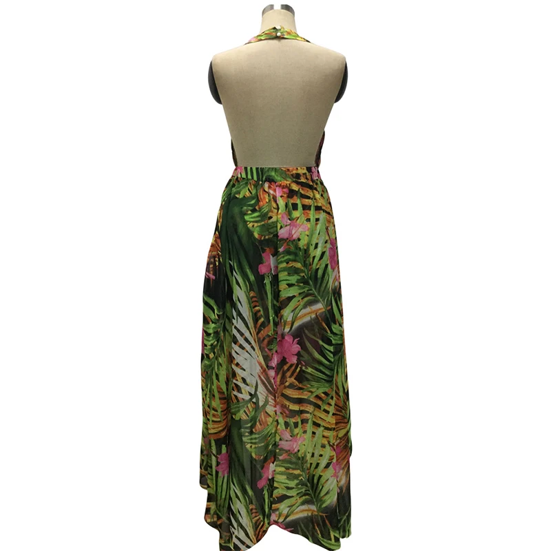 Leaves Printed Backless Sexy Beach Dress Women Halter Sleeveless Fit and Flare Maxi Dress Asymmetric Front Split Summer Dress 
Leaves Printed Backless Sexy Beach Dress Women Halter Sleeveless Fit and Flare Maxi Dress Asymmetric Front Split Summer Dress