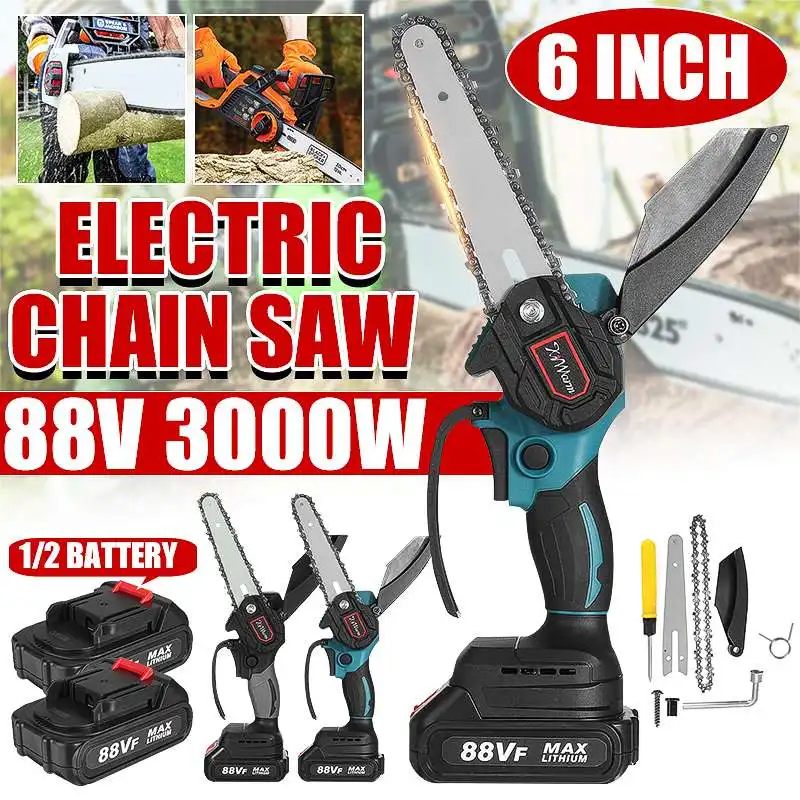 6 Inch 3000W 88V Mini Electric Chain Saw With 2 Battery Woodworking Cutter Pruning Chainsaw One-handed Garden Logging Power Tool
6 Inch 3000W 88V Mini Electric Chain Saw With 2 Battery Woodworking Cutter Pruning Chainsaw One-handed Garden Logging Power Tool