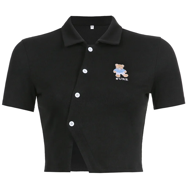 Women's Lapel bear embroidered cardigan with asymmetric breasted short sleeve T-shirt 2021
Women's Lapel bear embroidered cardigan with asymmetric breasted short sleeve T-shirt 2021