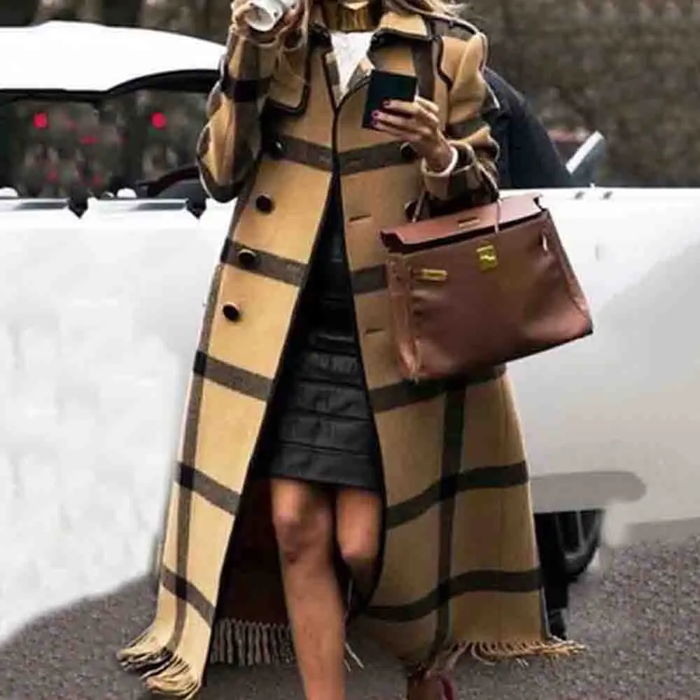 

Однобортное Свободное длинное женское пальто с бахромой, винтажное шерстяное пальто, Повседневная Уличная одежда, Офисная Женская верхняя ...