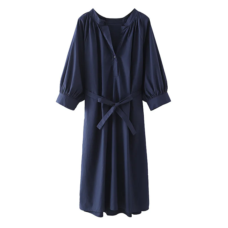 Women's 2021 New Spring Summer Mid Tube Bubble Long Sleeved Belt Cotton Dress For Ladies O Neck NavyBlue Button Casual Dresses 
Women's 2021 New Spring Summer Mid Tube Bubble Long Sleeved Belt Cotton Dress For Ladies O Neck NavyBlue Button Casual Dresses