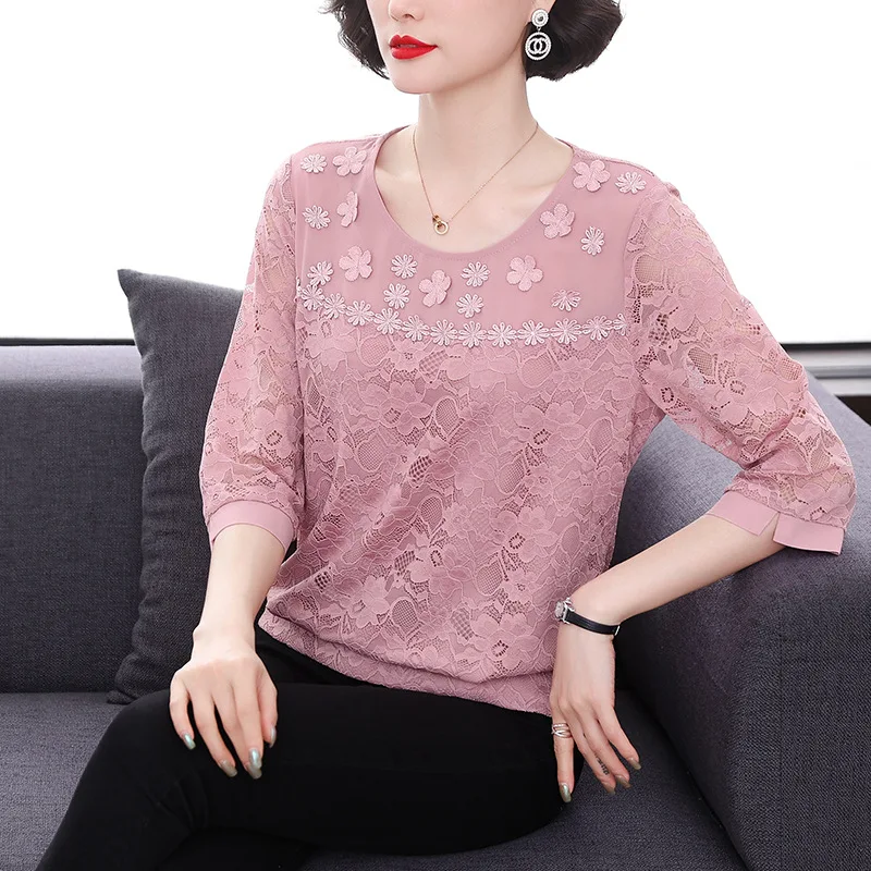 Women Causal Pink Summer Autumn Female Lace T-shirt Office Lady O-neck Three Quarter Sleeve Elegant Embroidered Fashion Top New
Women Causal Pink Summer Autumn Female Lace T-shirt Office Lady O-neck Three Quarter Sleeve Elegant Embroidered Fashion Top New