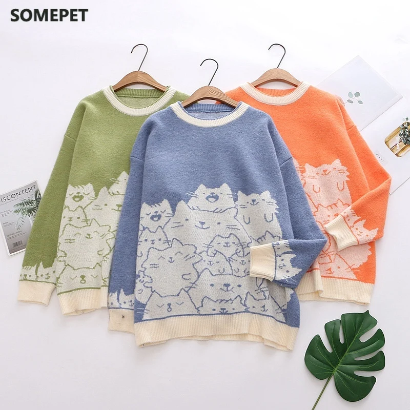 Cartoon Cat Embroidery Knit Jumper Autumn Winter Womens Harajuku Pullover Sweater O-Neck Long Sleeve pullovers
Cartoon Cat Embroidery Knit Jumper Autumn Winter Womens Harajuku Pullover Sweater O-Neck Long Sleeve pullovers