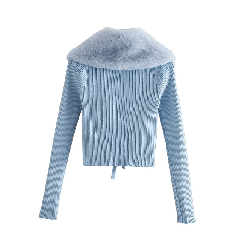 Faux Fur Collar Patchwork Tie Front Cardigan Blue Knitted Short Women Sweater Fashion Crop Top 2021 Spring New Arrival
Faux Fur Collar Patchwork Tie Front Cardigan Blue Knitted Short Women Sweater Fashion Crop Top 2021 Spring New Arrival