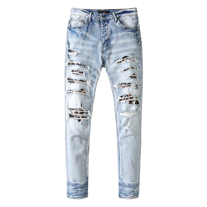 

New men's male fashion blue ripped wash water leopard patch trousers trendy slim men's jeans for young men denim pants