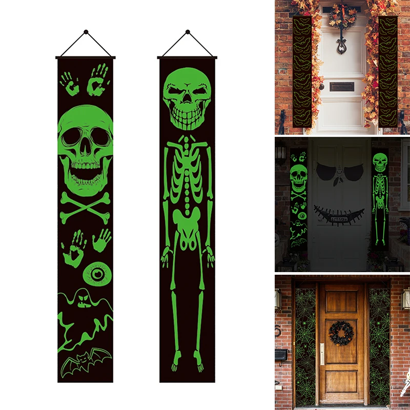 

Halloweens Luminous Hanging Couplets with Skeleton Demon Bats Pattern Glow in Dark Decal for Halloween Home Decor rave