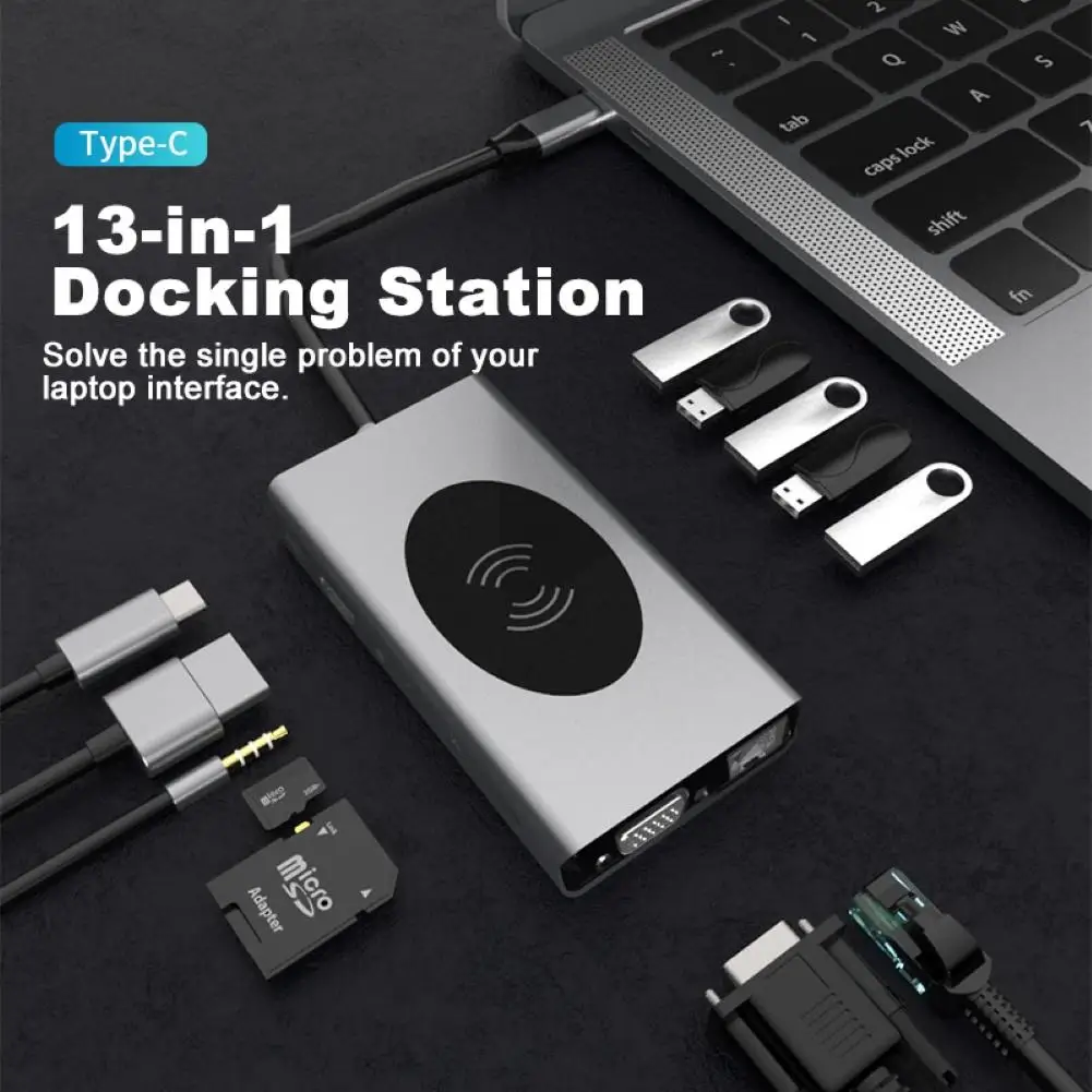 Type-C to HDMI-compatible VGA PD 3.5mm Audio Jack RJ45 Hub Wireless Charging Dock Adapter
Type-C to HDMI-compatible VGA PD 3.5mm Audio Jack RJ45 Hub Wireless Charging Dock Adapter
