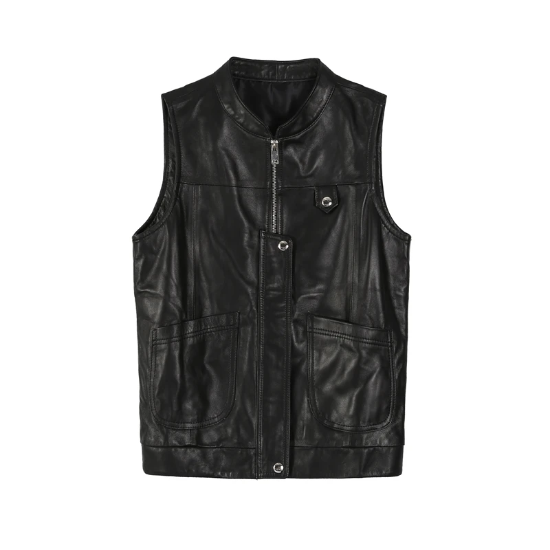 Vest Womens New Sheepskin Black Sleeveless O-Neck Zippers Button Pockets Slim Genuine Leather Fashion Casual Vest Jacket 
Vest Womens New Sheepskin Black Sleeveless O-Neck Zippers Button Pockets Slim Genuine Leather Fashion Casual Vest Jacket