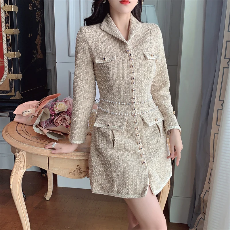2021 High Quality Women Dress Korean New Chic Clothes Elegant Lapel Long Sleeve Slim Vestidos Ladies Pearl Belt A-Line Dresses
2021 High Quality Women Dress Korean New Chic Clothes Elegant Lapel Long Sleeve Slim Vestidos Ladies Pearl Belt A-Line Dresses
