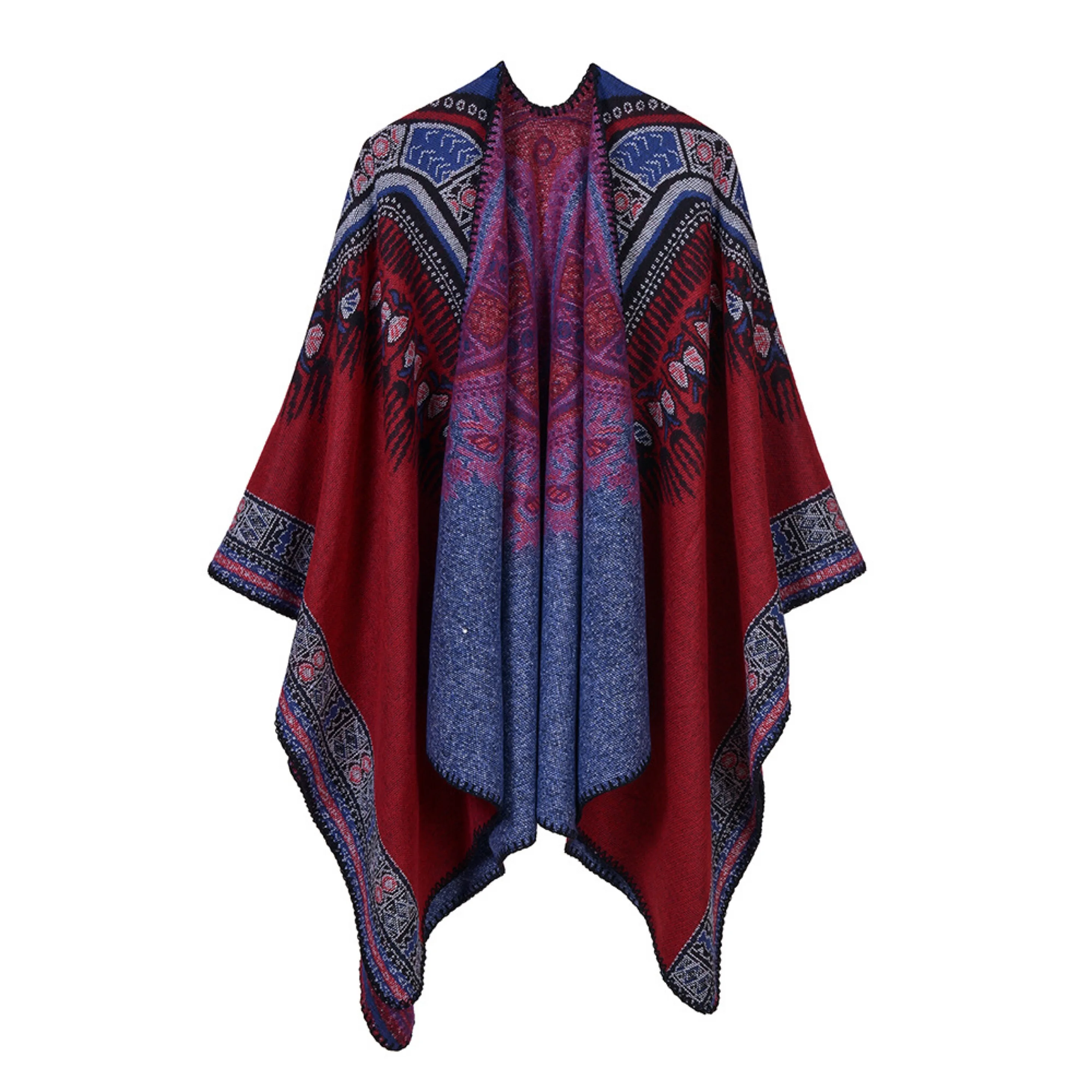 

KHALEE YOSE Vintage BohoEthnic Cloak Cardigan Floral Knitted Cape Women Cape Shawl Poncho Autumn Spring Thick Warm Outwear New