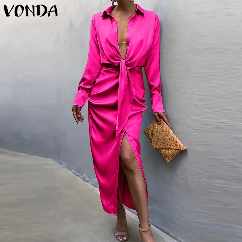 Autumn Long Sleeve Front Fork Dress VONDA 2021 Women Solid Color Shirts Dresses Ladies Satin Slik Bow Knot Vestidos Oversized 
Autumn Long Sleeve Front Fork Dress VONDA 2021 Women Solid Color Shirts Dresses Ladies Satin Slik Bow Knot Vestidos Oversized