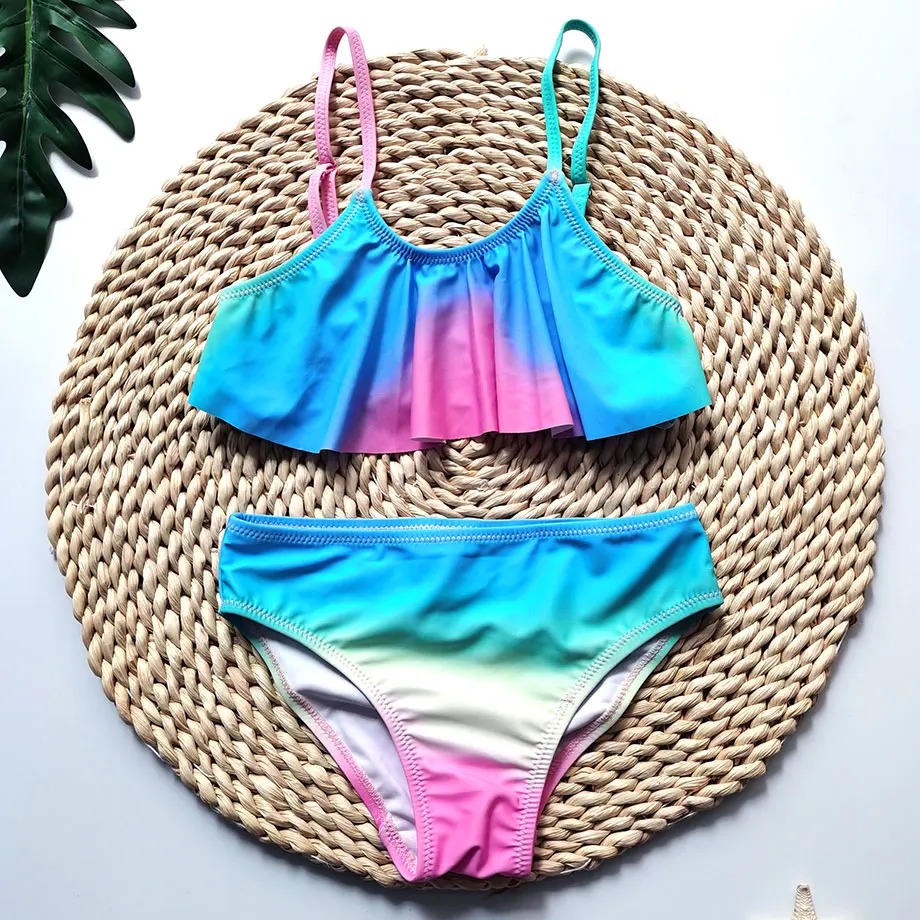 

5-16 Years Flounce Girl Swimsuit Kids Ombre Dye Teenage Girl Bikini Set Falbala Children's Swimwear Girl Bathing Suit Beachwear