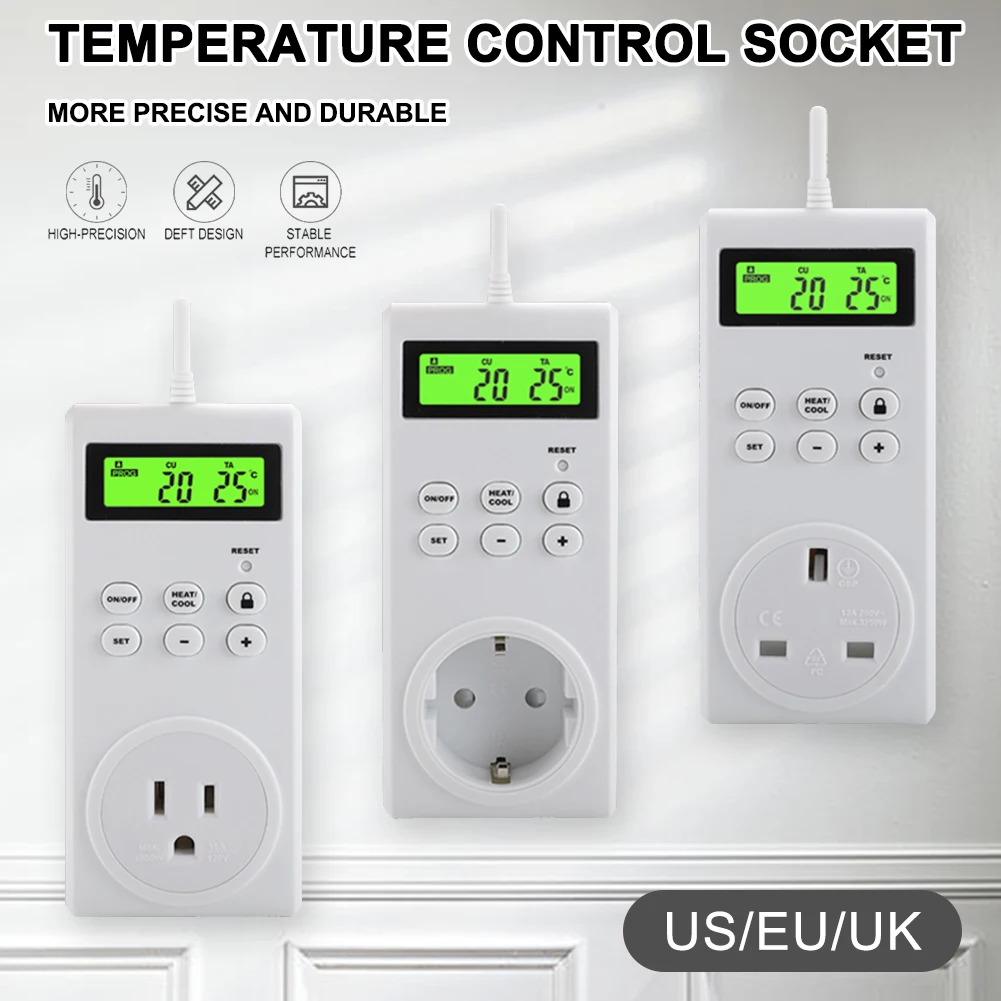 Wireless Programmable Thermostat Plug Outlet Heating and Cooling with Safety Lock 4" LCD Display Temperature Controller EU/US
Wireless Programmable Thermostat Plug Outlet Heating and Cooling with Safety Lock 4" LCD Display Temperature Controller EU/US