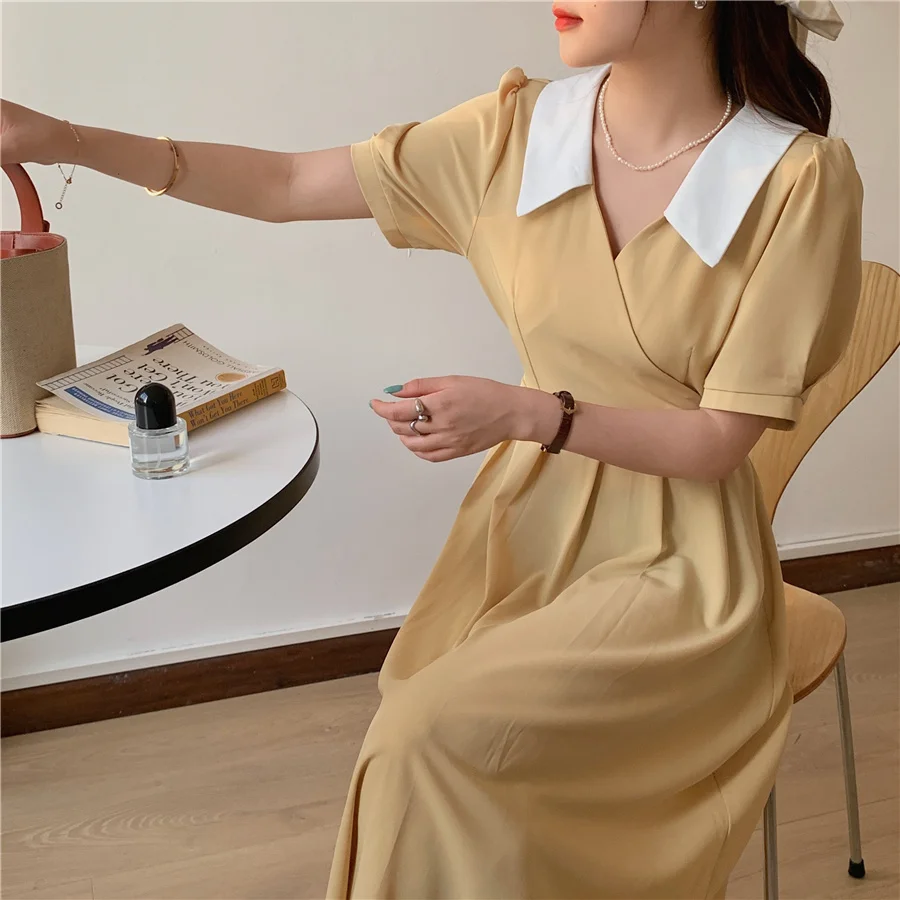 Korean French Elegant V Neck Short Sleeve Dress For Women Casual Robe mujer yellow pink lady dress
Korean French Elegant V Neck Short Sleeve Dress For Women Casual Robe mujer yellow pink lady dress