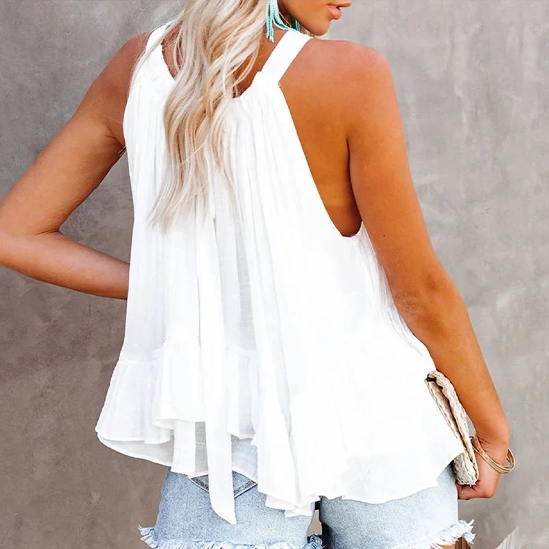 2021 Summer Ruffle Halter Women's T-shirt Solid Sleeveless Black Female T-shirts New Fashion Streetwear Casual Ladies Top
2021 Summer Ruffle Halter Women's T-shirt Solid Sleeveless Black Female T-shirts New Fashion Streetwear Casual Ladies Top