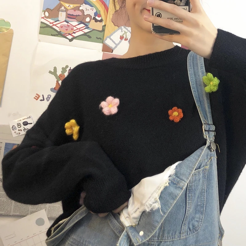 Свободный милый свитер с круглым вырезом и цветами женские свитера японская