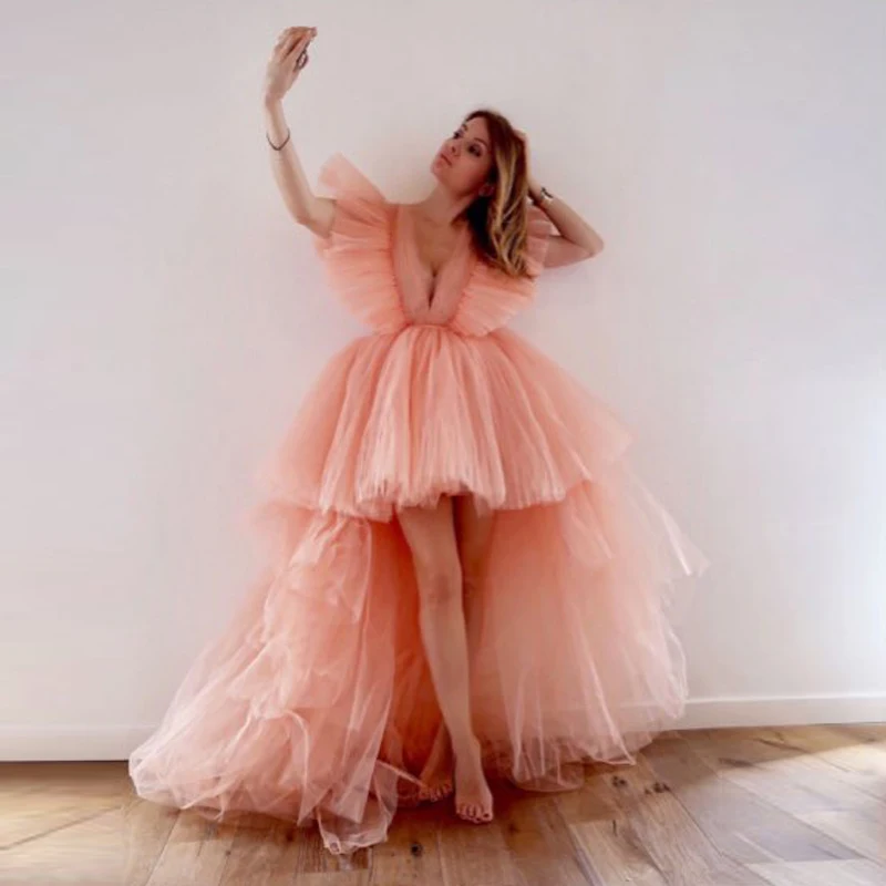 Coral Evening Dresses Elegant Lush Vestido Longo V Neck Hi Low Evening Gown Robe De Soiree Tiered Evening Dress Custom made
Coral Evening Dresses Elegant Lush Vestido Longo V Neck Hi Low Evening Gown Robe De Soiree Tiered Evening Dress Custom made