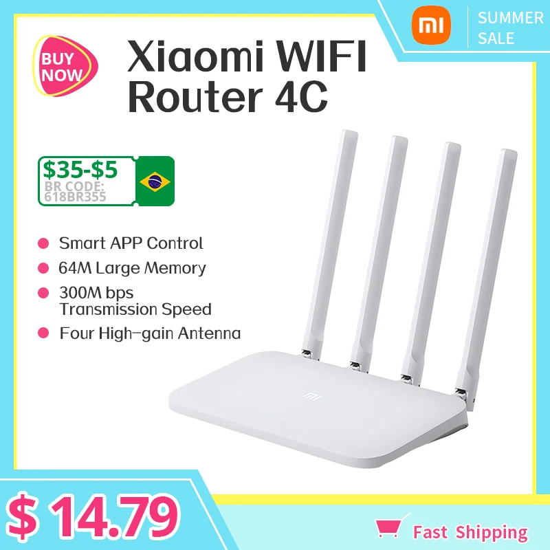 Оригинальный роутер Xiaomi Mi Wi Fi 4C 64 ОЗУ 300 Мб/с 2.4G 802.11 b/g/n 4 антенны беспроводные