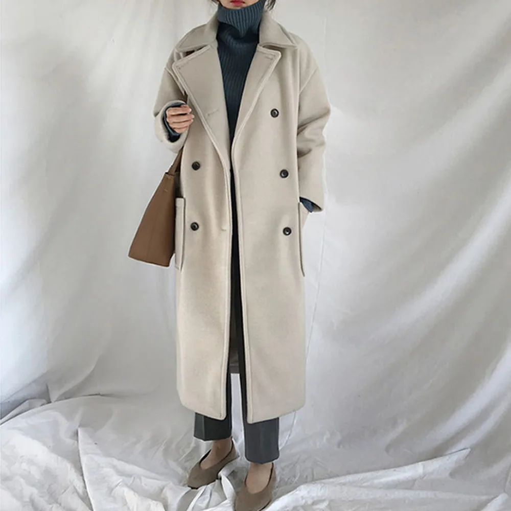 Winter Woolen Coat Women Lapel Double Breasted Big Pocket Japanese Mid-length Overcoat Korean Style Loose Ladies Outwear Elegant
Winter Woolen Coat Women Lapel Double Breasted Big Pocket Japanese Mid-length Overcoat Korean Style Loose Ladies Outwear Elegant