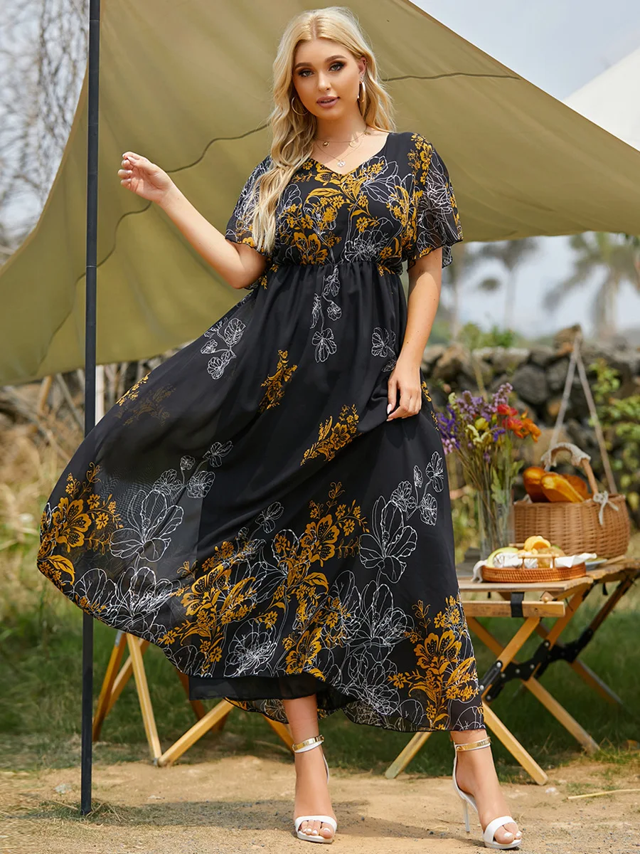 Floral Print Women Dress 5XL Plus Size Dresses Leisure V-neck Short Sleeve High Waist Casual Robes Chiffon Party Dress T2135
Floral Print Women Dress 5XL Plus Size Dresses Leisure V-neck Short Sleeve High Waist Casual Robes Chiffon Party Dress T2135