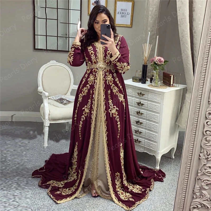 

Elegant Moroccan Kaftan Evening Dresses Burgundy Embroidery Beading Women Party Wear Formal Gowns Reception Dress 2021 Plus Size