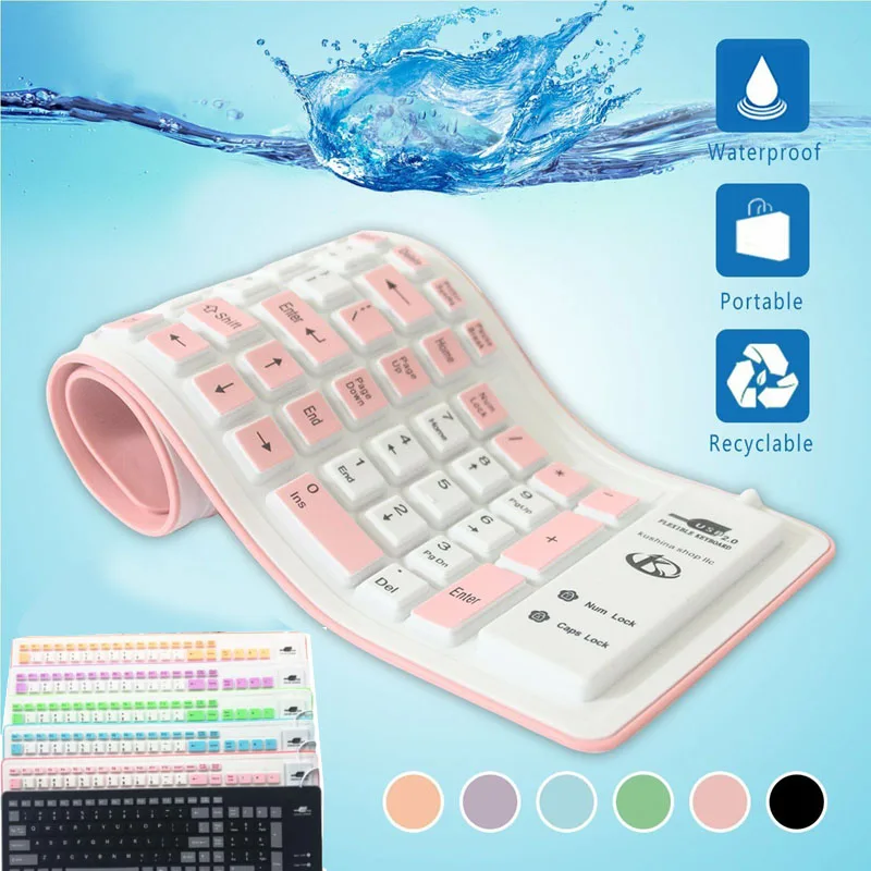 

103 Key Foldable Silicone USB 2.0 Wired Silicone Soft Dustproof Waterproof Roll-up Silicone Game Console Keyboard for PC Laptop