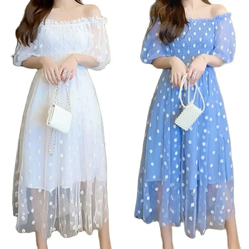 Women Slash Neck Strapless Daisy Embroidered Mesh Long Dress Lady Puff Sleeve A-line Elegant Party Dress Korean Summer Dress
Women Slash Neck Strapless Daisy Embroidered Mesh Long Dress Lady Puff Sleeve A-line Elegant Party Dress Korean Summer Dress