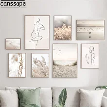 Landscape Wall Art Posters Abstract Human Line Canvas Paintings Sea Beach Hay Print Nordic Wall Pictures Living Room Decoration