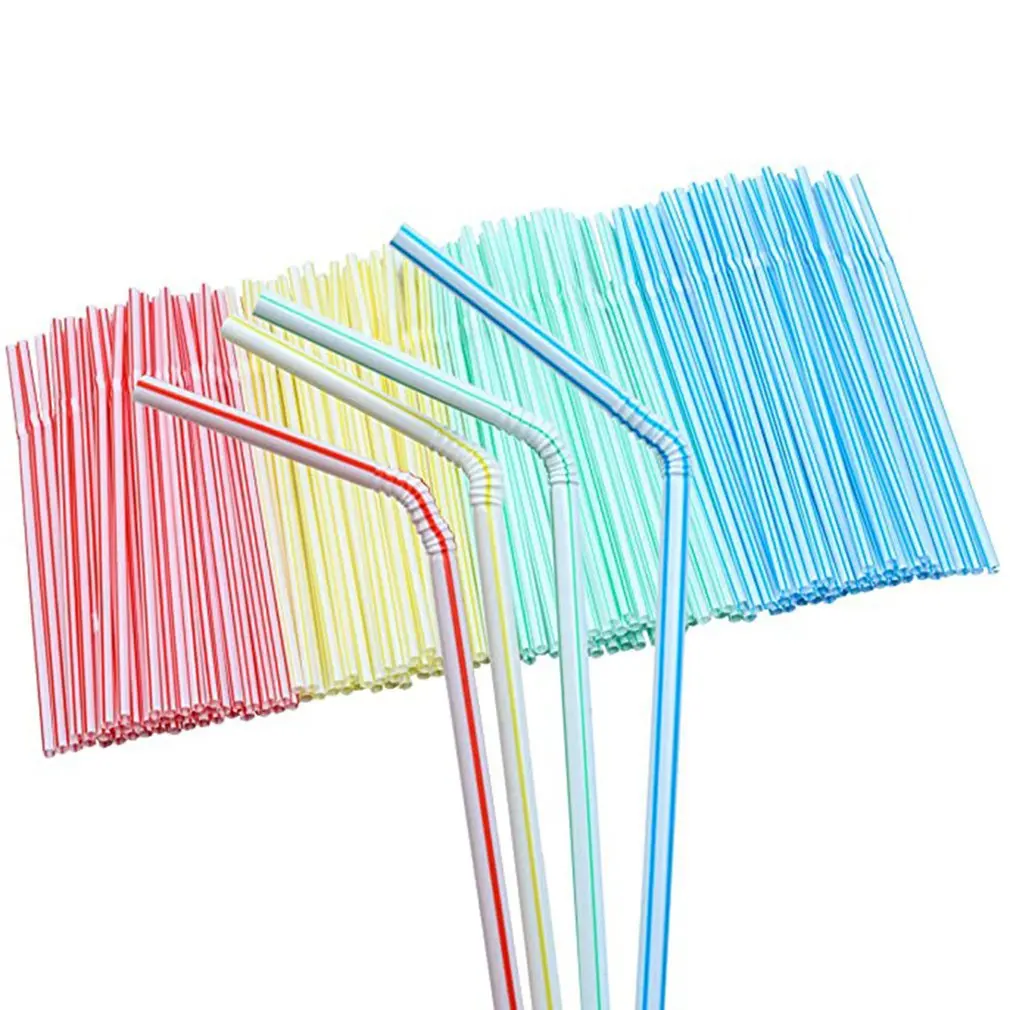 

100pcs Straw Striped Disposable Plastic Straws Flexible Straws For Party Supplies Lengthen And Bendable Juice Drink Straw