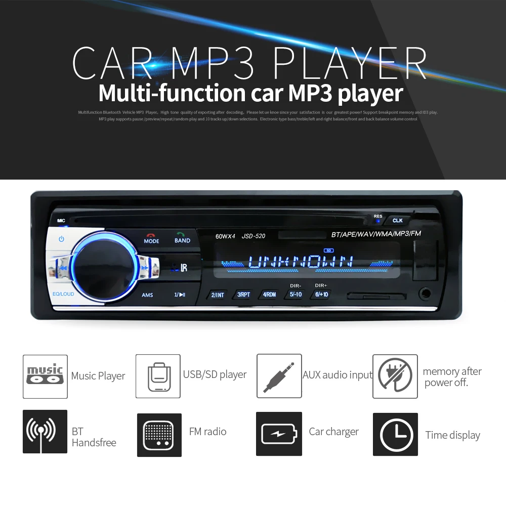 

Автомагнитола 12 В, Bluetooth V2.0, 1DIN, FM, Aux, SD, USB, MP3, MMC, WMA