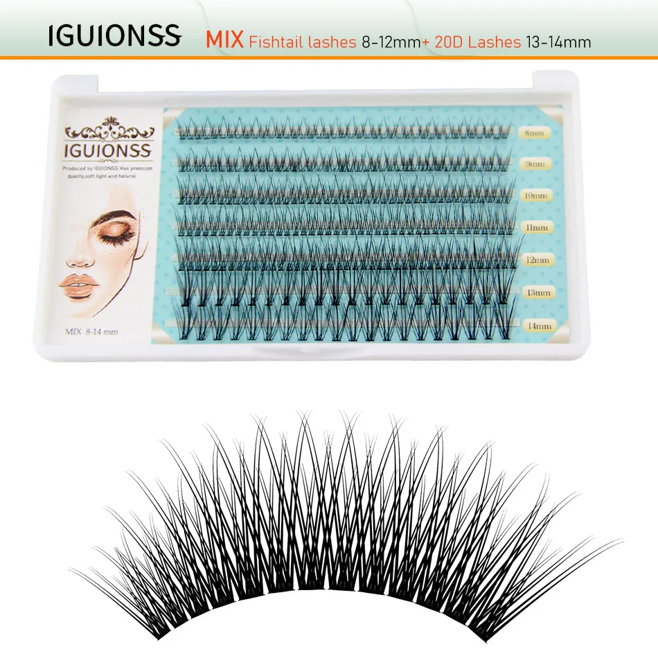 

IGUIONSS Individual Lashes Cluster Eyelashes Fishtail Make Up Tools A Shape lashes Design 8-14mm Mixed Pack C Curl 0.07mm