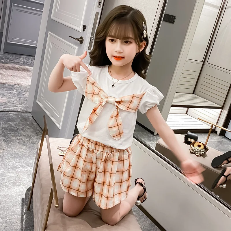 2021 Summer kids Baby Girls clothes Casual teenager Bow plaid 110 150 160 cm T shirt + Shorts pants 3 4 5 6 7 8 9 10 11 12 years 
2021 Summer kids Baby Girls clothes Casual teenager Bow plaid 110 150 160 cm T shirt + Shorts pants 3 4 5 6 7 8 9 10 11 12 years
