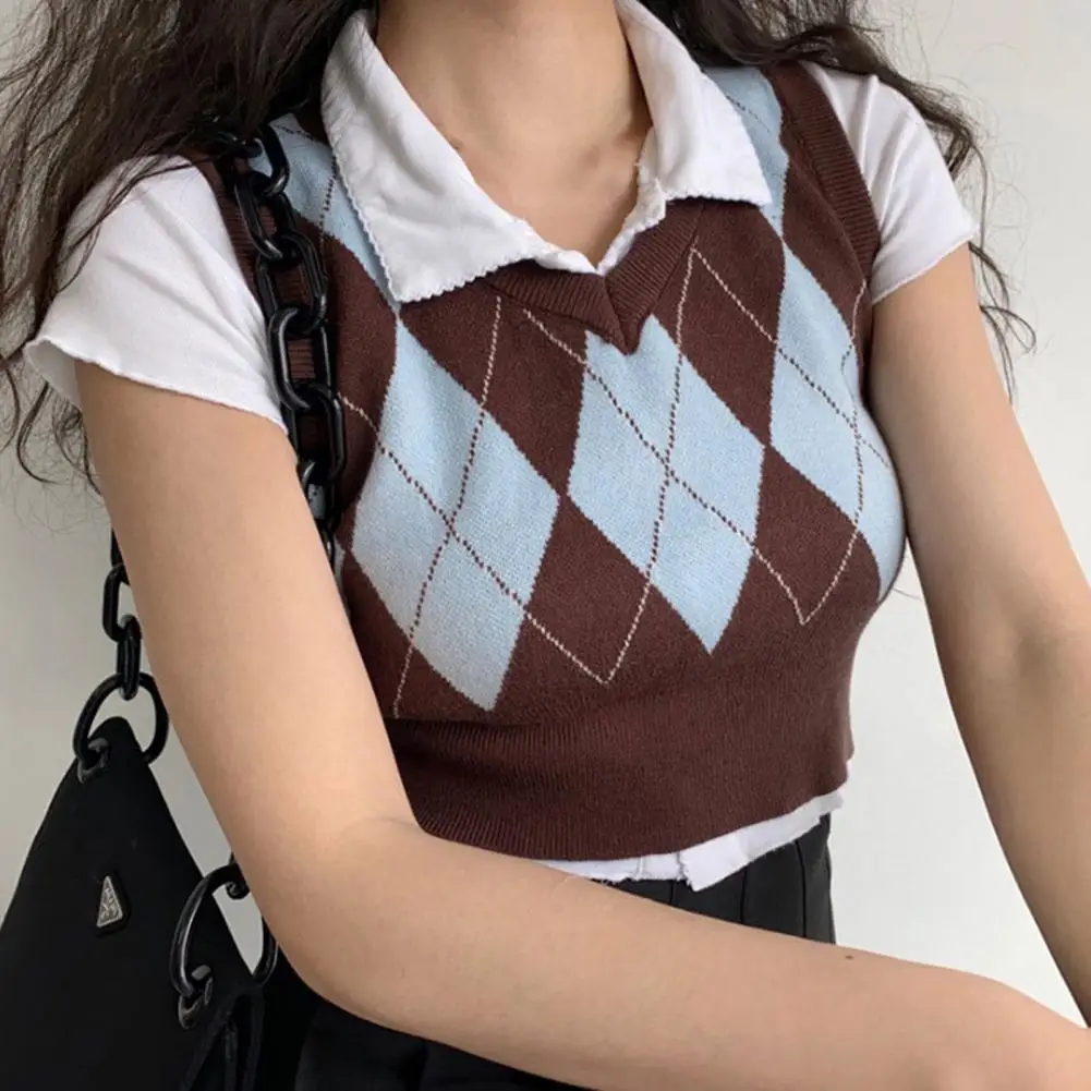 Argyle Plaid Sweater Vest Women 2021 New V-Neck Slim Short Sleeveless Casual Preppy Pullovers Knitted Female Tank Tops
Argyle Plaid Sweater Vest Women 2021 New V-Neck Slim Short Sleeveless Casual Preppy Pullovers Knitted Female Tank Tops
